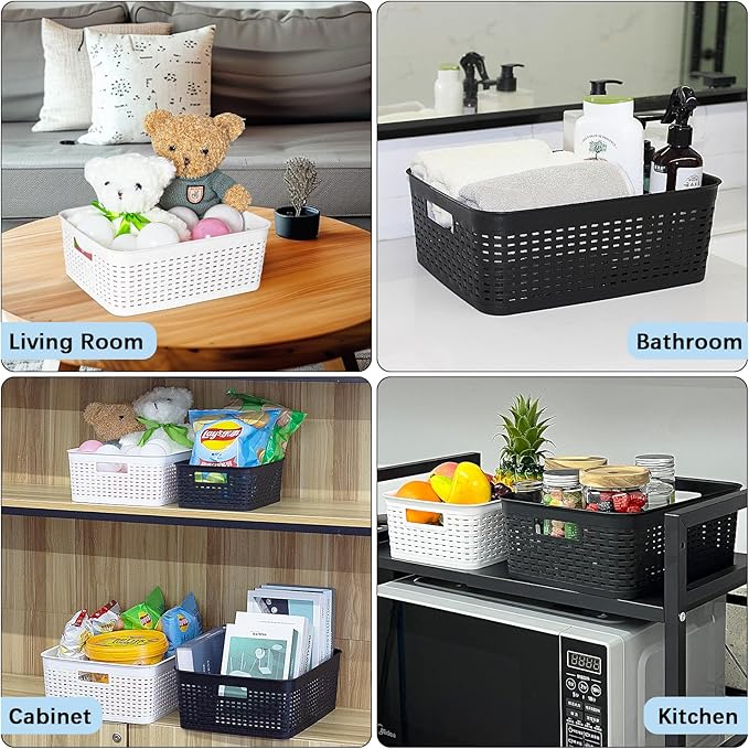 Soddeph Plastic Storage Baskets for Cabinets, Household Pantry Organization with Handle,Organizer Bins for Room,Bathrooms,Under-Sink,Kitchen (Black, XS-3PACK)