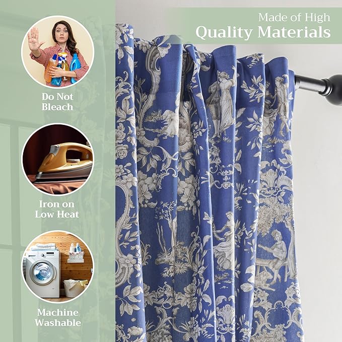 Maison d' Hermine Curtains for Living Room 100% Cotton 96 inch Length Two Panels Light Filtering Toile Curtains for Bedroom Windows with Rod and Loop Pockets Drapes (Joli Jouy Blue, 50" W x 96" L)