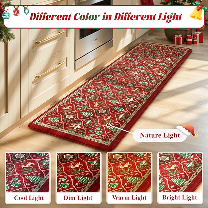 Collive Christmas Tree Kitchen Floor Mats, Cushioned Anti Fatigue Kitchen Rugs 2 Piece Morocco Xmas Elk Sink Mat Waterproof, Non Slip Comfort Standing Rug for Home Decorations 17"x30"+17"x47"