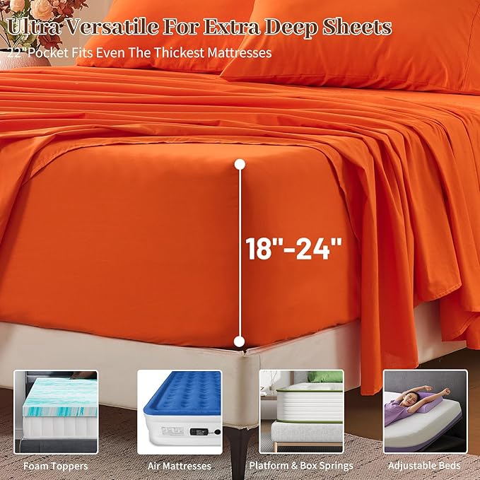 MEISHANG 100% French Pure Linen Sheets King Size - Extra Deep Pocket Sheet Set, Soft Durable Flax Linen, Anti-Tear Breathable & Oeko-Tex Certified 18-24 Deep Pocket,All Season(Orange)