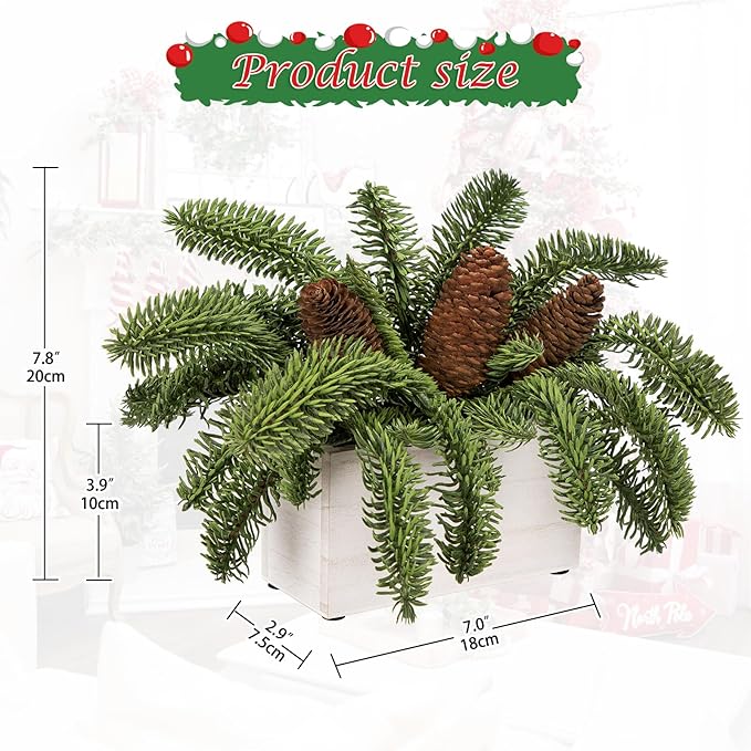 DILATATA Christmas Centerpieces 8 Inch Artificial Christmas Plant in Rectangular Wooden Pot Tabletop Pine Plants with Pine Cones for Winter Holiday Party Fireplace Mantel Xmas Decor