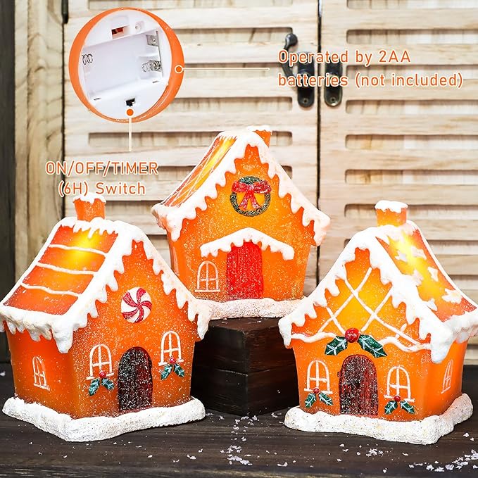 Christmas Gingerbread House Tabletop Decoration Lighted Christmas Village House Real Wax Battery Operated with Remote Flickering LED Light Christmas Village Decor for Mantel Desk Table Centerpiece