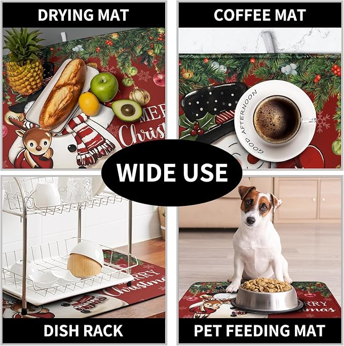 Christmas Dish Drying Mats for Kitchen Counter 16x18 Cute Snowman Red Dish Drying Pad for Dishes Winter Xmas Holiday Dish Draining Mat Absorbent Microfiber Dish Drainer Rack Mats