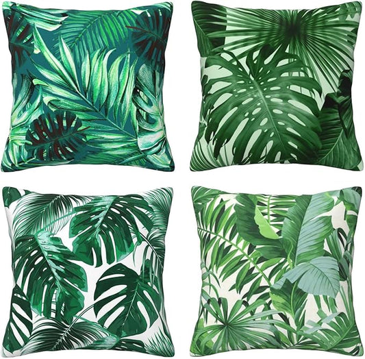 Tropical Green Leaves Throw Pillow Covers 18x18 Set of 4 Palm Leaf Decorative Throw Pillow Cushion Cases Cover for Sofa Couch Car Home Decor