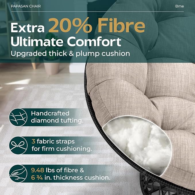 Bme 40" Ergonomic Wicker Papasan Chair with Soft Thick Density Fabric Cushion, High Capacity Steel Frame, 360 Degree Swivel for Living, Bedroom, Reading Room, Lounge, Silver Cloud - Black Base