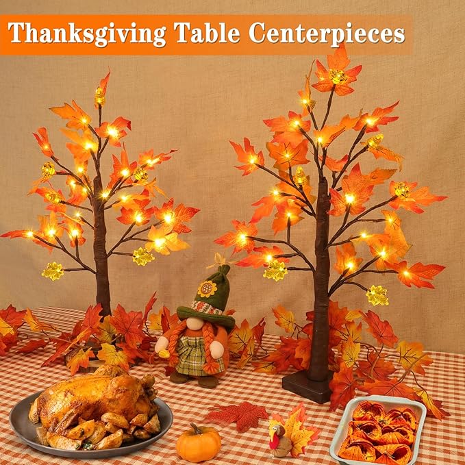 Fall Decorations for Home, 2 Pack 24''/2FT Prelit Fall Maple Tree Thanksgiving Decor Total 48 LED Timer Battery Operated Lighted Pumpkins Acorn Maple Autumn Thanksgiving Indoor Home Table Christmas