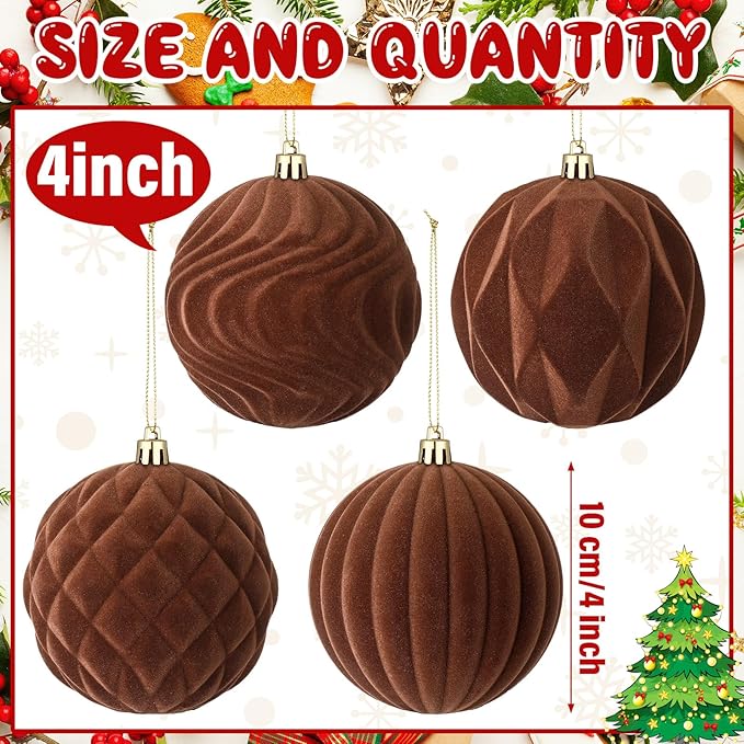 4 Pcs 4 Inch Large Velvet Christmas Ball Ornaments Vintage Christmas Plastic Ball Ornaments Flocked Tree Hanging Decoration for Xmas Party Wedding Home Decor(Brown)