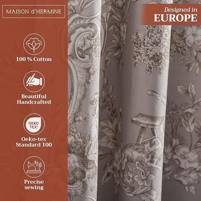 Maison d' Hermine Curtains for Living Room 100% Cotton 84 inch Length One Panel Light Filtering Toile Curtains for Bedroom Windows with Rod and Loop Pockets Drapes (Joli Jouy Beige, 50" W x 84" L)