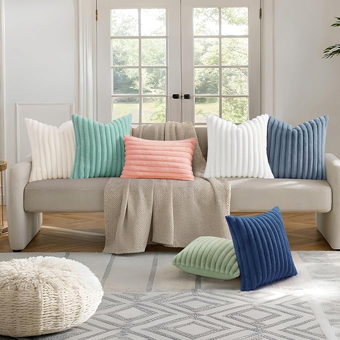 decorUhome Faux Fur Throw Pillow Covers 16x16 Set of 2, Decorative Soft Plush Striped Neutral Couch Euro Pillow Covers with Velvet Back for Sofa, Bed, Living Room Home Decor, Aqua