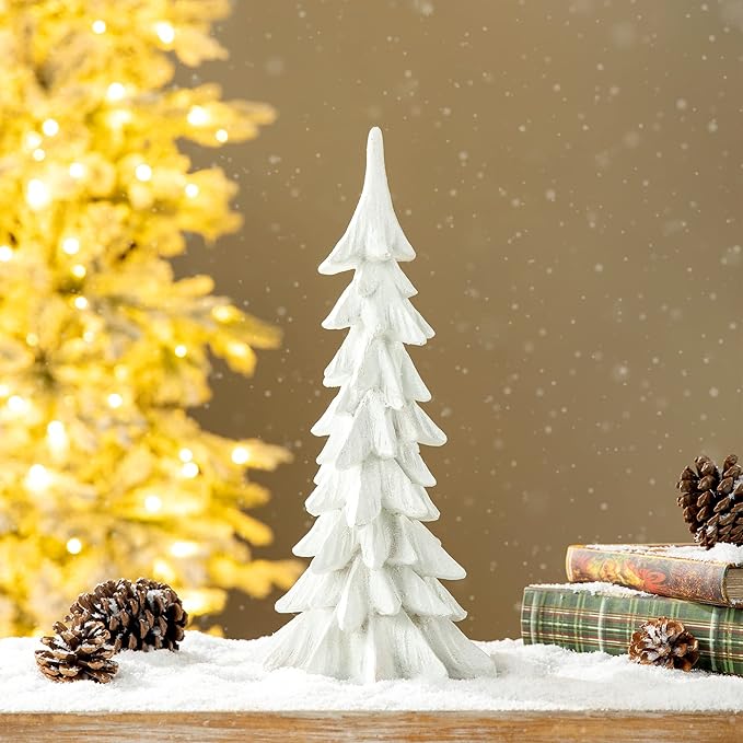glitzhome Hand-Painted Resin Christmas Tree Tabletop Xmas Holiday Centerpiece Decoration, 14.75" H, White