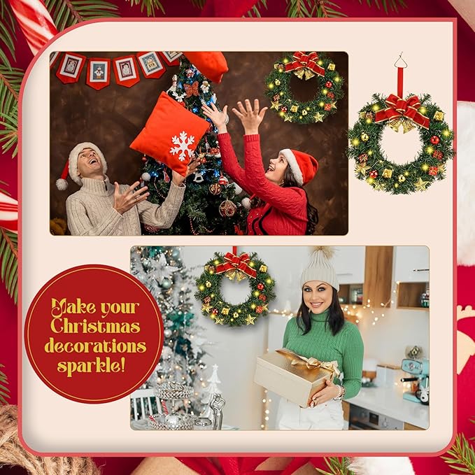 Lyrow 6 Pcs Lighted Christmas Wreath with Red Bow Ornament 13 Inch Prelit Xmas Battery Operated Christmas Wreaths for Front Door Outdoor Holiday Wall Indoor Xmas Decorations Party Decor(Stylish)