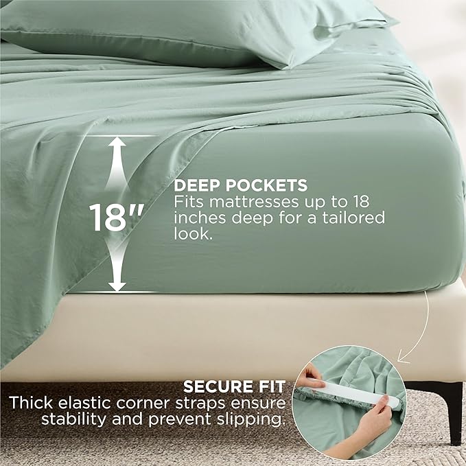 Bedsure Deep Pocket King Sheet Set - 6 Piece, Prewashed Ultra-Soft King Size Sheets Set, Fits Mattresses Up to 18 Inches Thick, Breathable & Secure Fit, Hotel Luxury Bedding, Sage Green