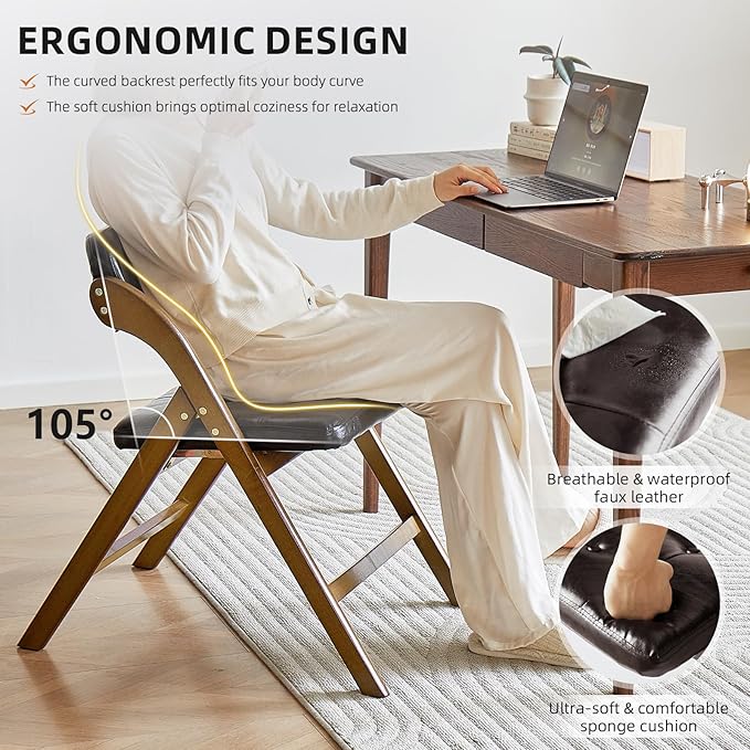2 Pack Wooden Folding Chair with Padded Seat Stackable Wooden Foldable Chair, Folding Chairs with Cushion for Guests Kitchen, Bedroom, Office, Wedding, Library, Party, Picnic (Natural Brown)