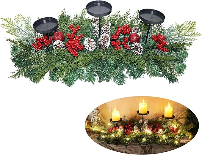 27.6" Christmas Table Centerpiece with Lighs Christmas Candle Holders with 3 Trays Red Berries Balls Pine Cones Christmas Pine Garland Lights Decoration for Centerpiece Table Mantel Holiday Home Decor