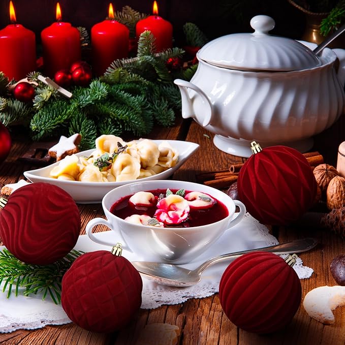 4 Pcs 4 Inch Large Velvet Christmas Ball Ornaments Vintage Christmas Plastic Ball Ornaments Flocked Tree Hanging Decoration for Xmas Party Wedding Home Decor(Wine Red)
