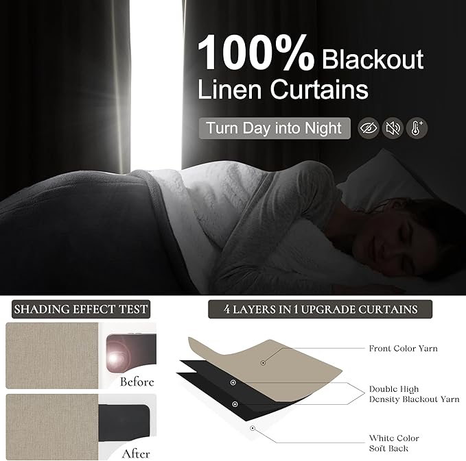 100% Blackout Viral Curtains 84 Inch Length 2 Panels Set Farmhouse Style for Bedroom Windows/Living Room Thermal Insulated Neutral Drapes Linen Blend Dark GreyBeige 7ft Long Pinch Pleated with Hooks