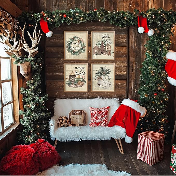 ETVISO Vintage Christmas Wall Art Prints Set of 4, Retro Merry Christmas Garland Poster, Winter Holidays Gift Print Decor, 8x10 (Unframed)