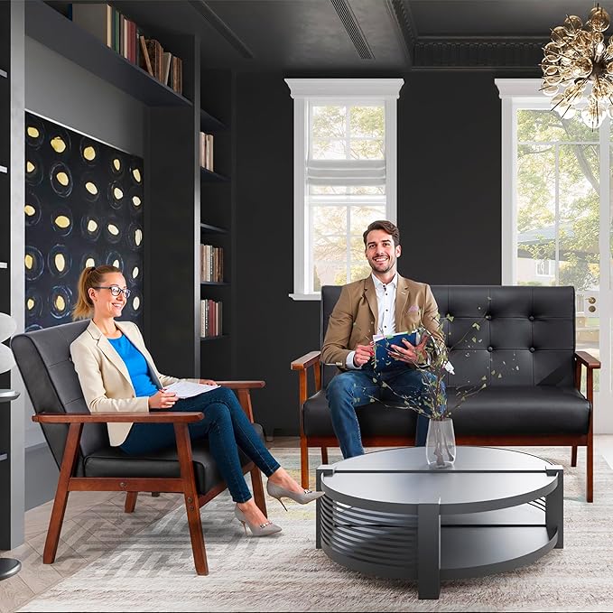 STHOUYN Black Small Leather Couch for Office, Booth Seating 2 Person Waiting Room Bench Couch, Mid Century Modern Loveseat Wood Sofa (Black)