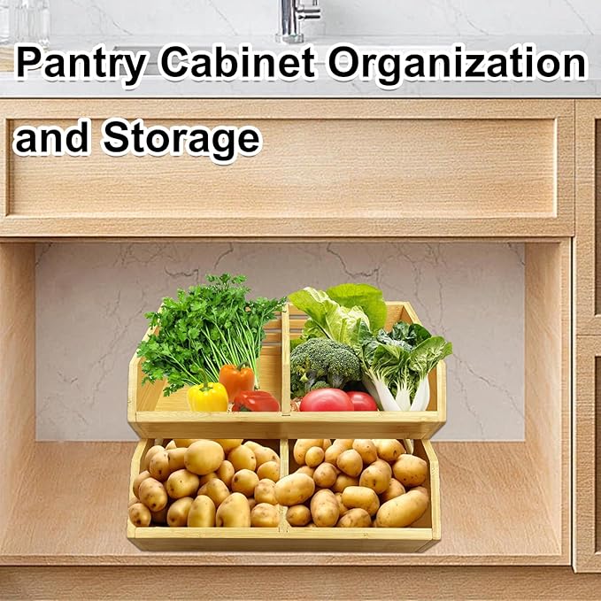2-Pack Stackable Vegetable Storage Bins, Kitchen and Pantry Organizers and Storage Baskets, for Fruit, Vegetable, Produce, Bread, Potato Onion and Snacks, Bamboo Kitchen Storage Containers