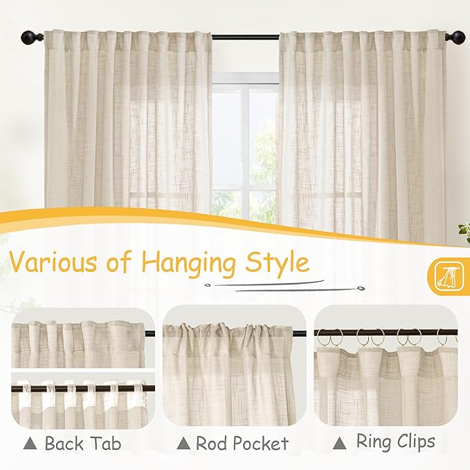 YoungsTex 40 Inches Long Linen Semi Sheer Curtains 40 Inch Length for Kitchen Cafe Window, Oatmeal Short Drapes Textured Light Filtering with Rod Pocket Back Tab for Bathroom, 2 Panels, 34 X 40 Inch