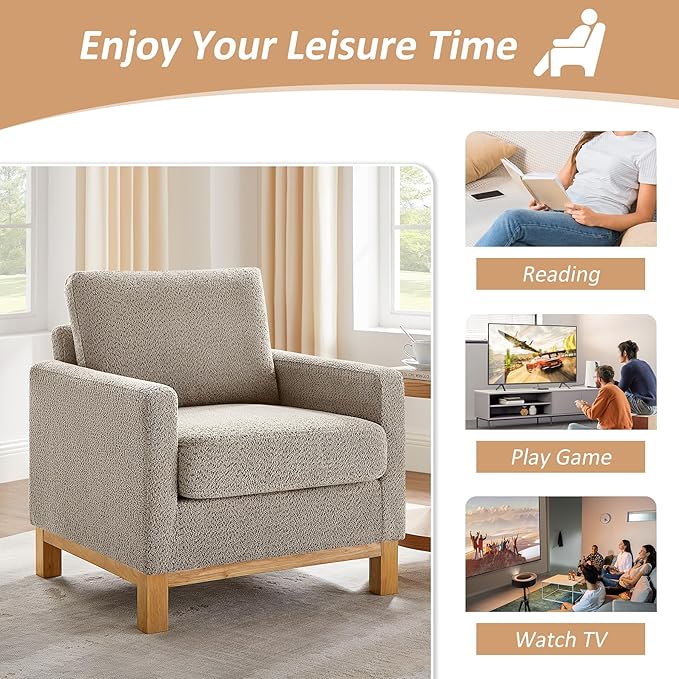 VANOMi Accent Chair 29.5" Reading Chair, Modern Living Room Chair with Thick Cushion&Wood Base, Comfy Upholstered Boucle Armchair, Single Sofa for Bedroom, Office, Camel Set of 2