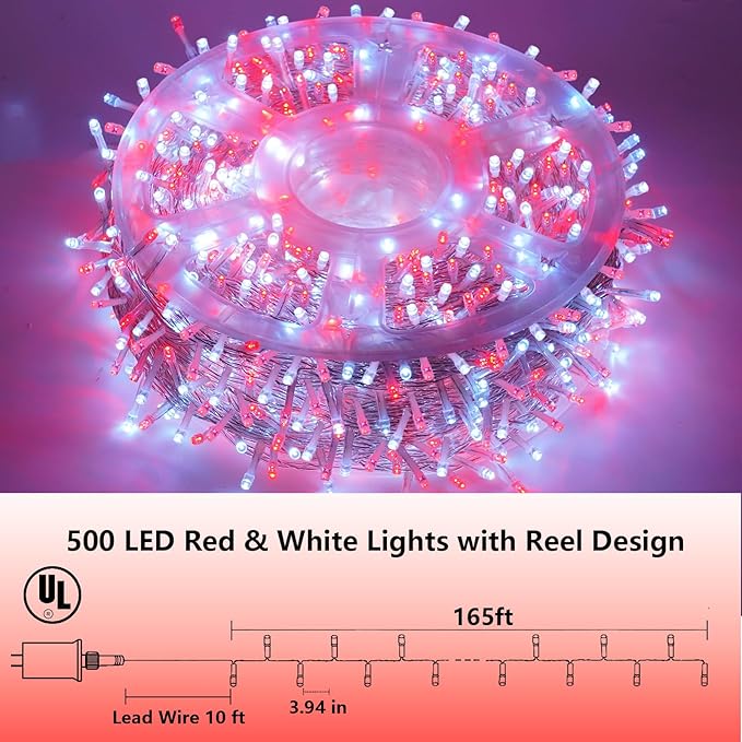 YEGUO 165ft 500 LED Red and White Christmas Lights Outdoor Waterproof, Clear Wire String Lights Indoor Plug in, 8 Modes Clear Wire Twinkle Tree Light for Xmas Party Garden