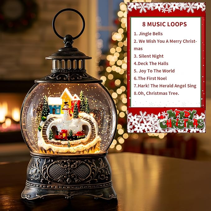 Christmas Village Snow Globe Lantern – LED Musical Swirling Glitter Water Globe, Snowy Village with Train, Battery or USB Powered, Auto Timer – Tabletop Decor & Gift