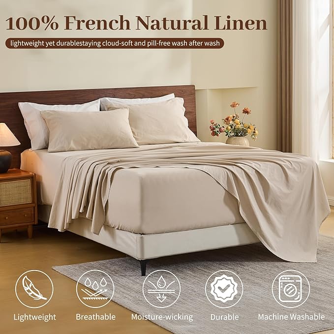 MEISHANG 100% French Pure Linen Sheets Queen Size - 6 PC Extra Deep Pocket Sheet Set, Soft Durable Flax Linen, Anti-Tear Breathable & Oeko-Tex Certified 18-24 Deep Pocket,All Season(Linen)
