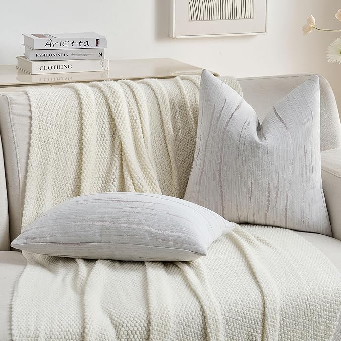 FUTEI Grey Chenille Decorative Throw Pillow Covers 22x22 Inch Set of 2,Soft Embossed Striped Textured Cushion Case,Modern Home Decor for Couch Bed Living Room