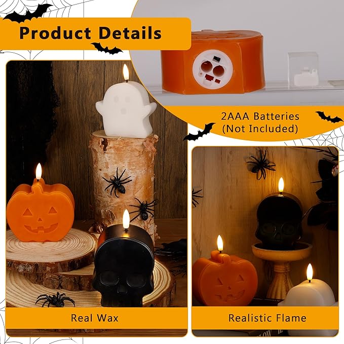 Halloween Flameless Candles with Remote, Real Wax Ghost, Pumpkin, Skull Battery Operated Candles, Flickering LED Fake Candle, Halloween Decorations for Table, fireplace, Home, Party, Festival Decor