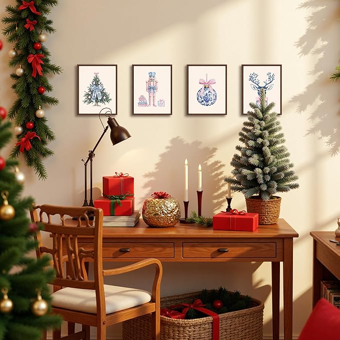 DOFQZ Pink Chinoiserie Christmas Wall Art Prints Set of 4, Grandmillenial Christmas Decor, Preppy Bauble Xmas Tree Nutcracker Reindeer Holiday Posters for Girls Dorm Apartment Decor, 8x10 Unframed