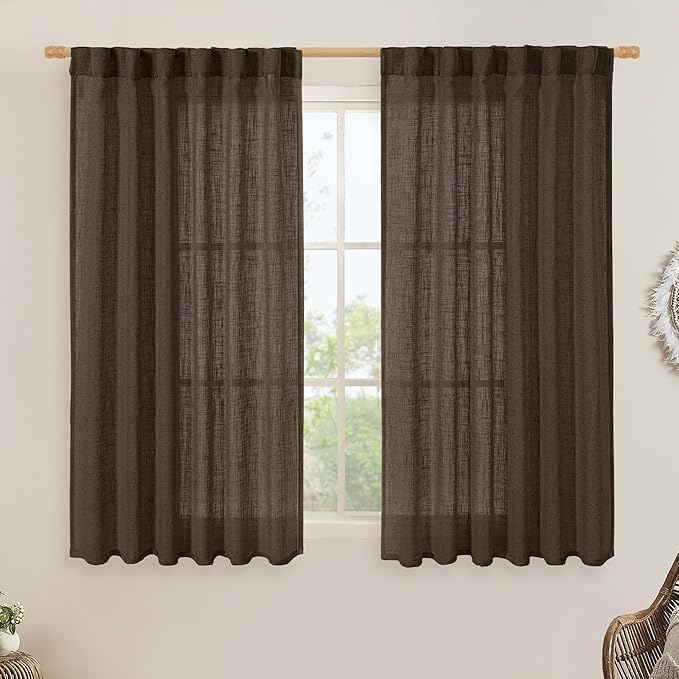 LAMIT Dark Brown Linen Curtains 54 Inch Length 2 Panels, Light Filtering Panels Back Tab and Rod Pocket Neutral Drapes for Bathroom/Window/Bedroom, 52 x 54 Inch
