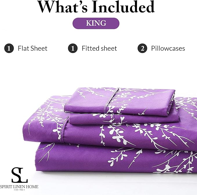 Spirit Linen home King Size Sheets Set - Pure Microfiber 4 Piece Polyester Bed Sheets, Fitted Sheet & Pillow Cases - King Sheets for All Seasons (Foliage Purple/White, King)