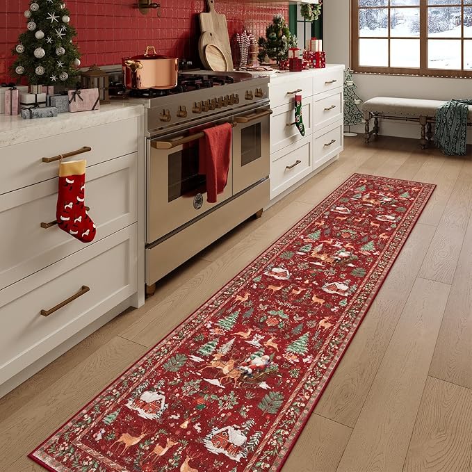 Lahome Christmas Runner Rug 2x10 Red Hallway Runner Rug,Kitchen Runner Rugs Non Skid Washable,Soft Christmas Tree Santa Claus Bathroom Carpet Runner for Entryway Bedside Holiday Decor(2'x10',Red)