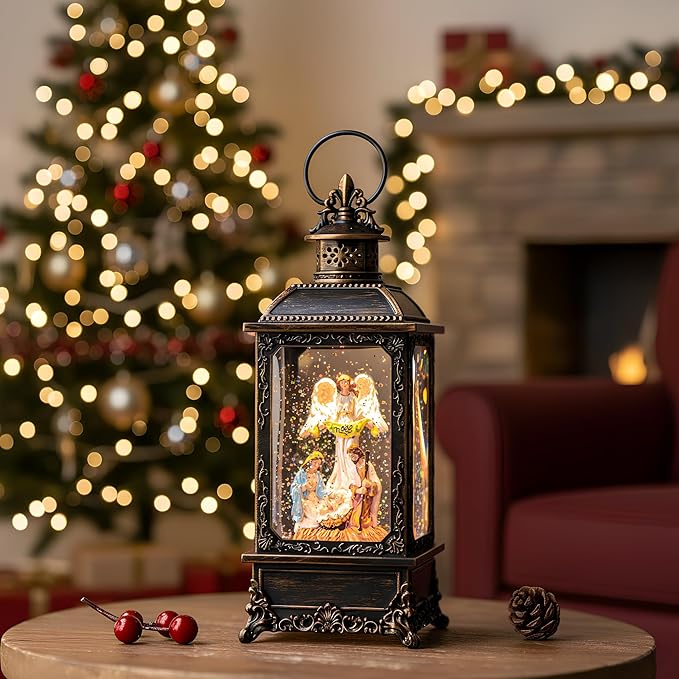 Christmas Snow Globe Lighted Angel & Nativity Scene, Musical Water Lantern in Swirling Glitter, Holiday Decorations Gifts for Family, Children or Friends