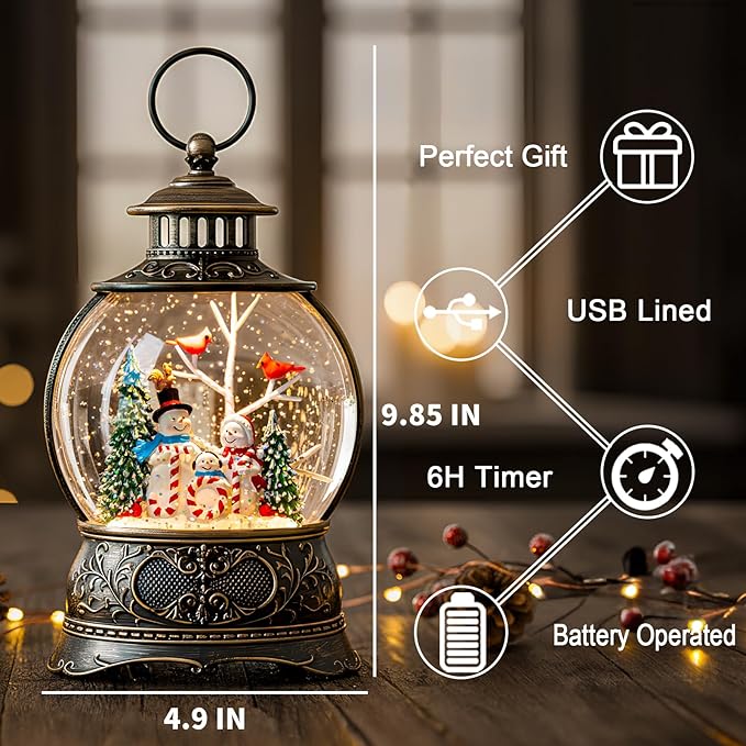 Christmas Snow Globe Lighted Snowman Family&Cardinal Scene, Musical Snow Water Lantern Swirling Glittering Home Decoration and Gift, Battery Operated or USB Powered