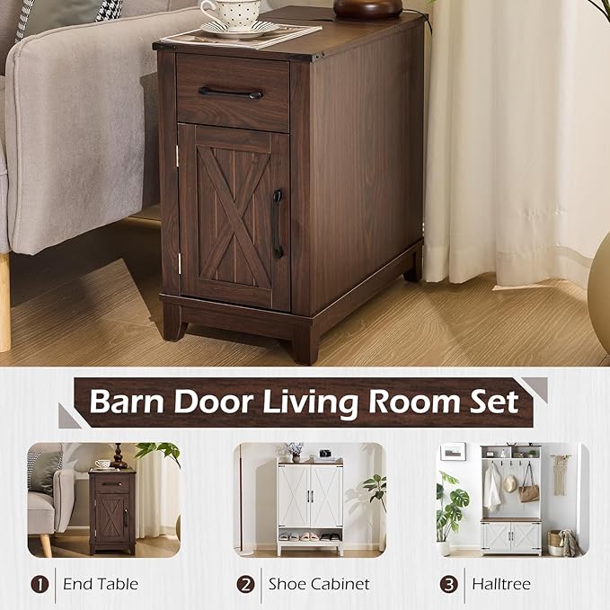EROMMY Farmhouse End Table with Charging Station, Narrow Side Table for Living Room, Nightstand with Drawer and Storage Cabinet, Adjustable Shelf, Choco