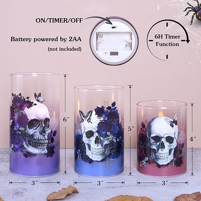 Halloween Glass Flameless Candles Romantic Gothic Skull Floral Battery Operated Remote Timer Flickering LED Pillar Candle for Wedding Party Goth Bathroom Decor
