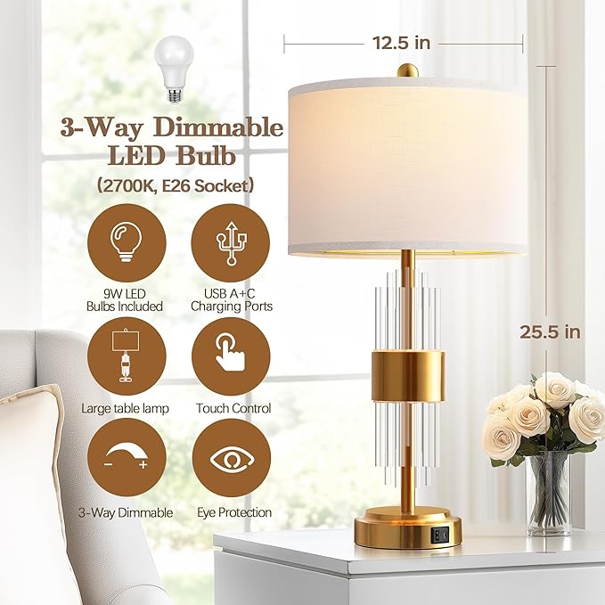QiMH Gold Table Lamp for Living Room with USB A+C Ports, Bedside Lamps for Bedrooms with Touch Control USB Ports, Modern Nightstand Lamp White Lamp Shade Home Light Decor (2700K LED Bulb Included)