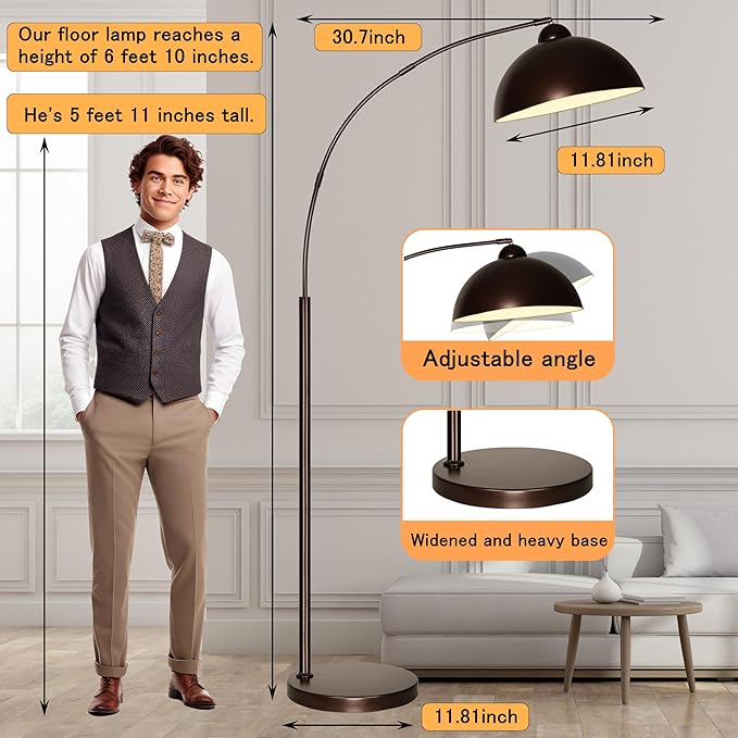 Arc Floor Lamp with Remote Control and Adjustable Light Bulb——Arched Tall Lamp for Living Room, Bedroom and Reading,Ideal Choice for Home Decor(Brown)