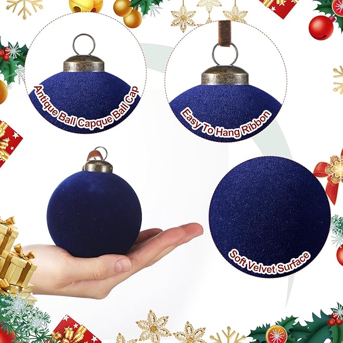 36 Pcs Velvet Christmas Balls Bulk - Flocked Christmas Tree Ball Ornaments Hanging Decoration for Xmas Tree, Wreath, Home or Party Decorations, 2.36", 2.76", 3.15"(Navy Blue)