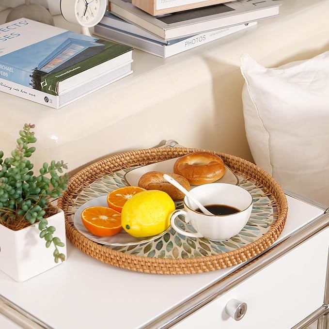Round Rattan Tray with Mother of Pearl Inlay & Wooden Base - Decorative Wicker Serving Tray for Coffee/Bread/Fruits, Food Storage & Display - Multipurpose Home Decor (L,Colorful Leaves)