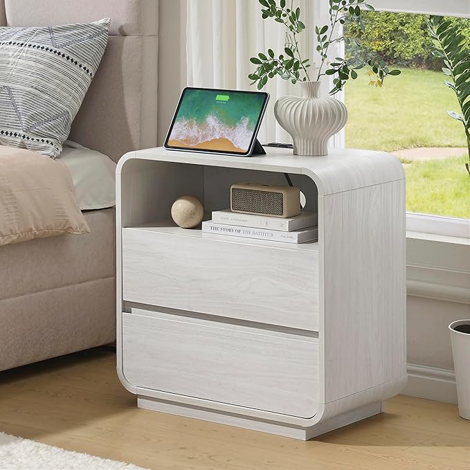 White Nightstand with Charging Station, 25" Tall Wood Bedside Table, Modern End Table with 2 Storage Drawers, Curved Profile, Mid Century Night Stand for Bedroom, Dorm, Sofa, Office