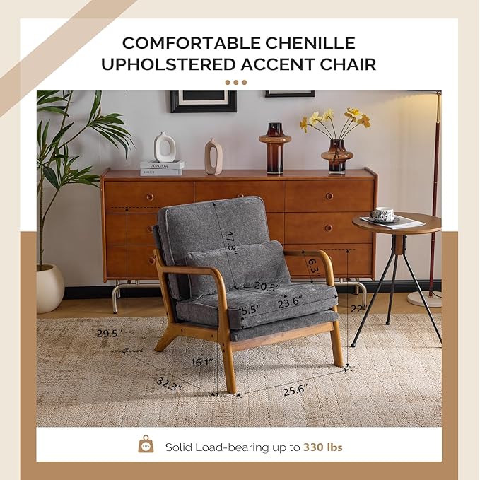 VINGLI Chenille Mid-Century Modern Accent Chair Set of 2, Cute Reading Arm Chair with Cushion & Lumbar Pillow & Solid Wood Frame for Lounge, Living Room, Reading Room, Bedroom, Dark-Gray