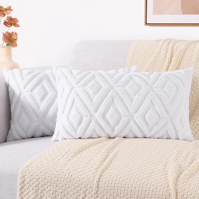 decorUhome Couch Throw Pillow Covers 12x20 Set of 2, Decorative Soft Plush Faux Wool Lumbar Neutral Accent Pillow Covers for Bed Sofa Living Room, Pure White
