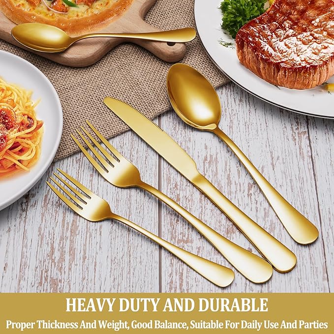 40 Pcs Gold Silverware Set Service for 8, Premium Stainless Steel Flatware Set, Cutlery Utensil Set, Durable Home Kitchen Eating Tableware Set, Include Fork Knife Spoon Set, Dishwasher Safe