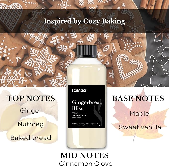 Scentia Gingerbread Bliss Fragrance Oil – 500ml Professional Christmas Diffuser Oil | Cozy Holiday Blend with Ginger, Nutmeg, Cinnamon & Vanilla | Aromatherapy for Homes, Spas, Hotels & DIY Supplies