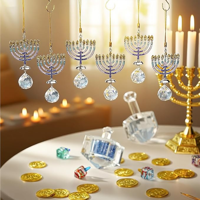 6 PCS Hanukkah Menorah Hanging Ornaments, Crystal Suncatchers for Christmas Tree, Halloween & Hanukkah Decorations, Window Suncatchers & Gift