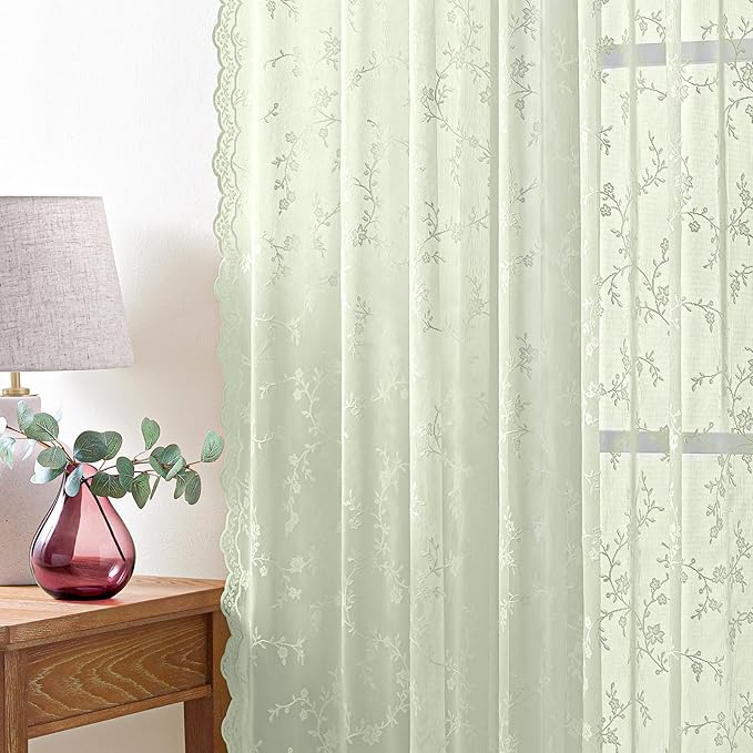 Sheer Lace Curtains 84 Inches Long, Vintage Floral Light Filtering Sage Green Lace Curtains for Living Room & Bedroom, Rod Pocket, 2 Panels Set, Branch Pattern (Sage Green, 52" W x 84" L)