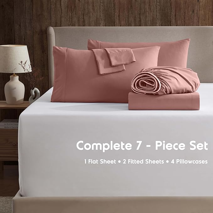 Nestl Extra Deep Split King Sheet Set - 7 Piece Breathable & Cooling Sheets - Hotel Luxury Bedding Set w/18-24 Inch Deep Pockets - Easy & Secure Fit - Super Soft, Wrinkle Free & Comfy - Pink Clay